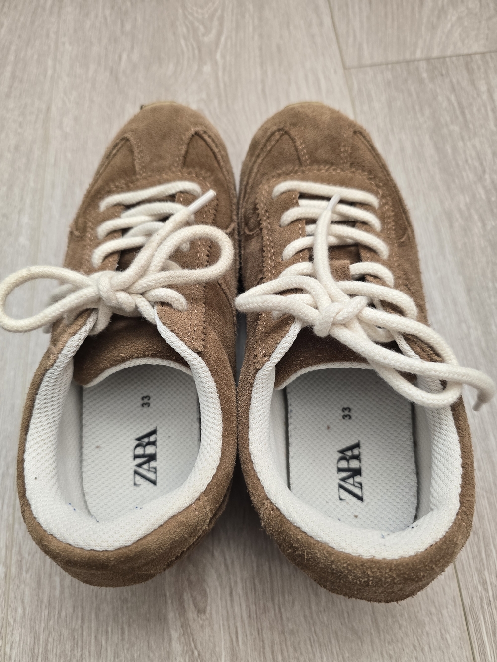 Zara Brown Suede Kids Sneakers with White Laces Size 33